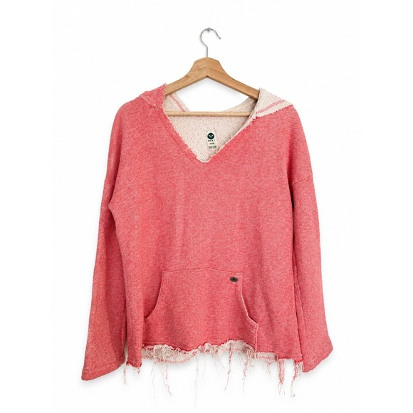 Roxy Sweaters - Roxy Womens Baja Hoodie Pullover Sweater Coral Red Heather V-Neck Frayed Hem S
